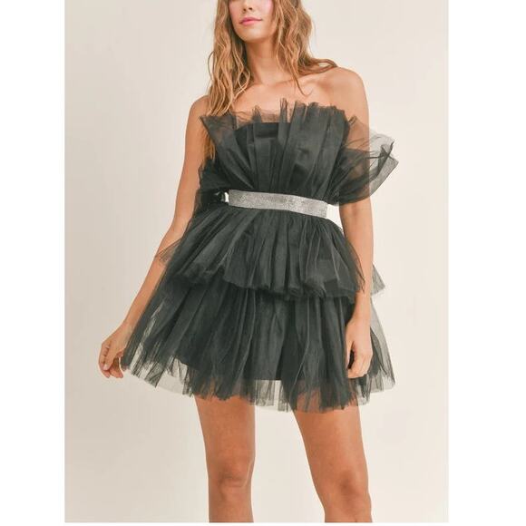 MABLE Karina Tulle Rhinestone Belt Mini Cocktail Party Dress Black Small